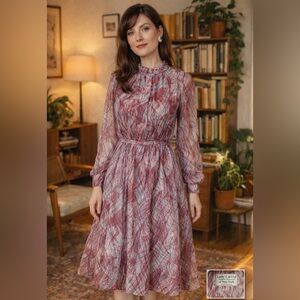 Vintage 1960s Mod Abstract Print Midi Dress | Sheer Long Sleeve · Lady Carol NY